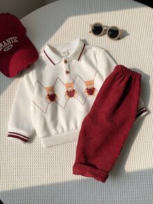 SHEIN 男嬰卡通熊圖案領口長袖套頭衛衣與彈性腰長褲 2 件套 - 彩色 - 查看 1