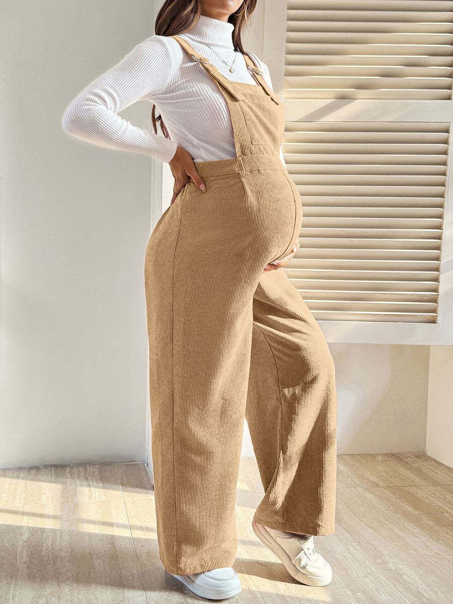 SHEIN 孕婦粉色燈芯絨紋理休閒連身褲 秋季孕婦裝 秋季孕婦吊帶褲 孕婦連身褲 女款孕婦衣 - 駝色 - 查看 1