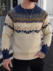 Manfinity Homme 男士幾何圖案插肩袖長袖休閒針織衫 - 米色 - 查看 3