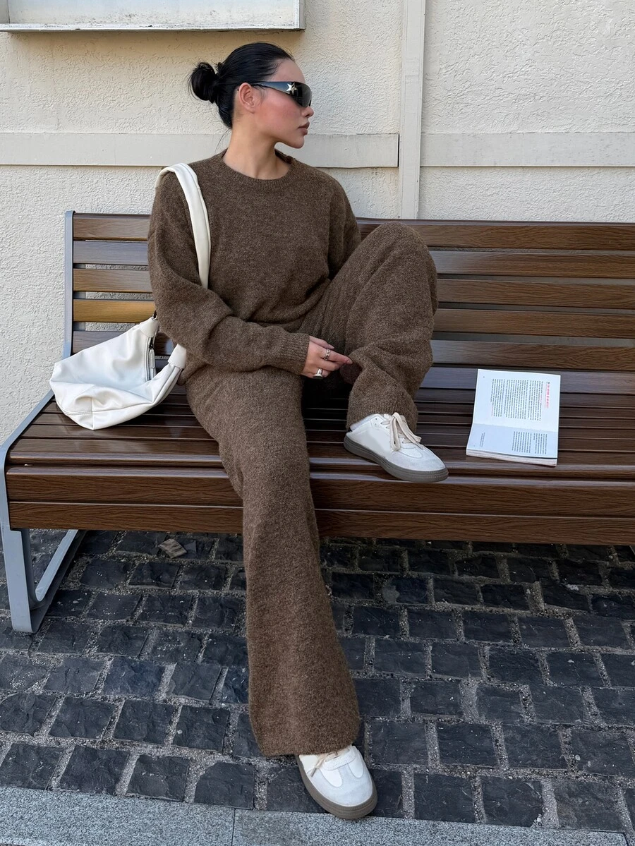 DAZY Women's Solid Color Long Sleeve Top And Pants Knit 2 Pieces Set - Brown - View 1
