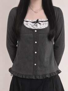 Dazy Plus Colorblock Patchwork 2 In 1 Korean Style Casual Long Sleeve T-Shirt For Girls - Dark Grey - View 4