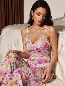 Slumberist French Floral Lace Cami Camisole, Waist-Flattering Ruffle Wide Leg Lounge Pants - Apricot - View 5