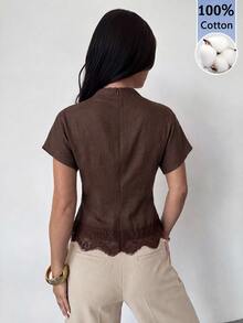 Firerie Women's Brown 100% Cotton Asymmetric Sleeve Ruched Waist Pleated Collar Blouse, All Season - Brown - View 2