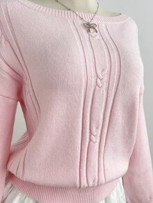 Elamini Women's Autumn/Winter Lazy Fashion Casual Versatile Commute Date Photo-Ready Asymmetrical Shoulder Pullover Sweater - Pink - View 7