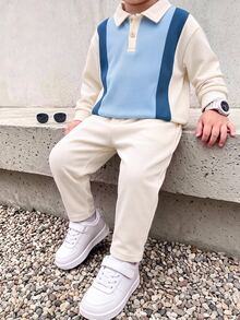 Young Boy Colorblock Patchwork Kids Sweatshirt & Autumn Pants Set - Multicolor - View 8
