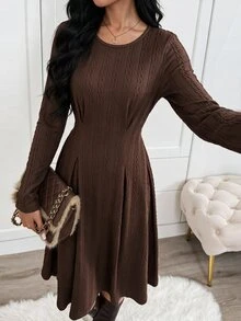 Modelyn Women Round Neck Long Sleeve Textured Midi Dress, Pleated Flared A-Line Swing Dress, Autumn Winter Elegant Slim Fit Wedding Guest & Formal Party Dress - Brown - View 5