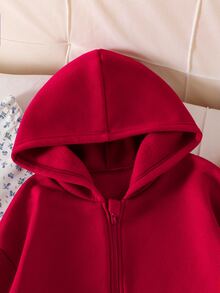 SHEIN Wine Red Spider Girls' Hooded Zip Jacket For Autumn And Winter - Mixed Street Style, Sweatshirt Style, Long Sleeve, Fleece Material, Autumn Apparel, - Red - View 4
