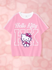 HELLO KITTY AND FRIENDS | SHEIN تي شيرت مخطط بطباعة إنجليزية للفتيات المراهقات، متعدد الاستخدامات للارتداء اليومي - أبيض - مشاهدة 1