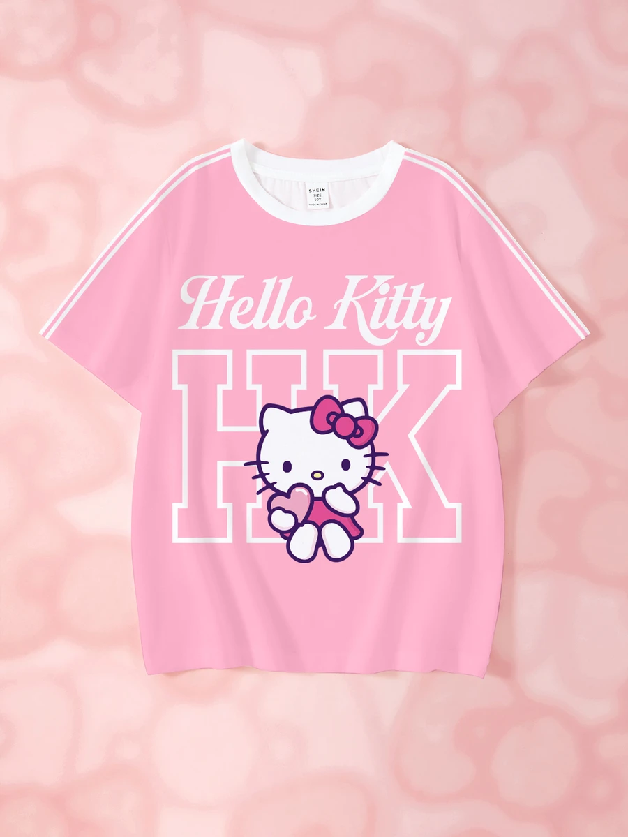 HELLO KITTY AND FRIENDS | SHEIN تي شيرت مخطط بطباعة إنجليزية للفتيات المراهقات، متعدد الاستخدامات للارتداء اليومي - أبيض - مشاهدة 1