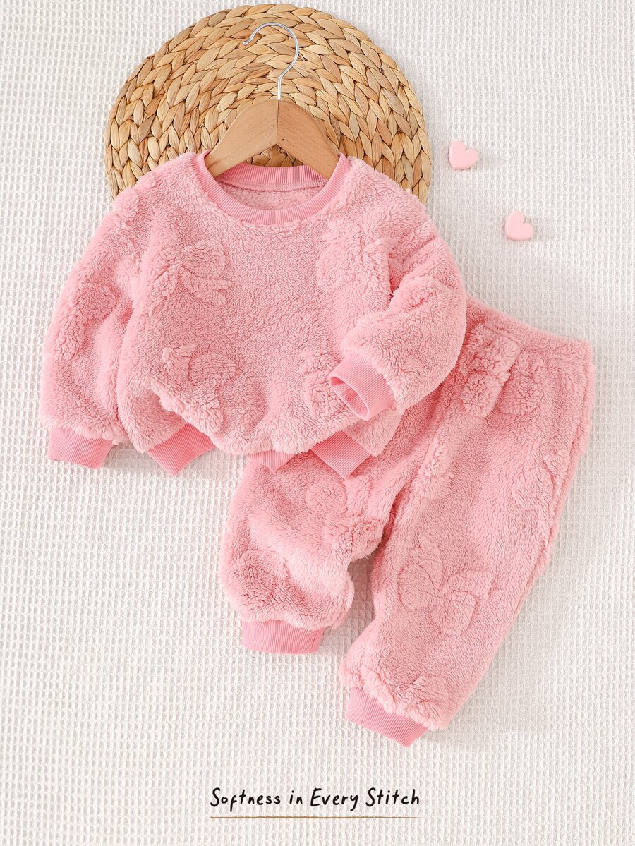 Cozy Pixies Baby Girl Knit Solid Color Faux Fur Long Sleeve Top And Pants Set, 2 Pieces Loungewear, Suitable For Autumn/Winter - Baby Pink - View 1