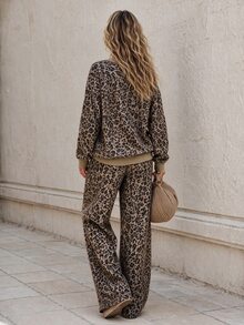 Faunlyn Women's Leopard Print Long Sleeve Top And Loose Pants 2 Pieces Set - Brown - View 2