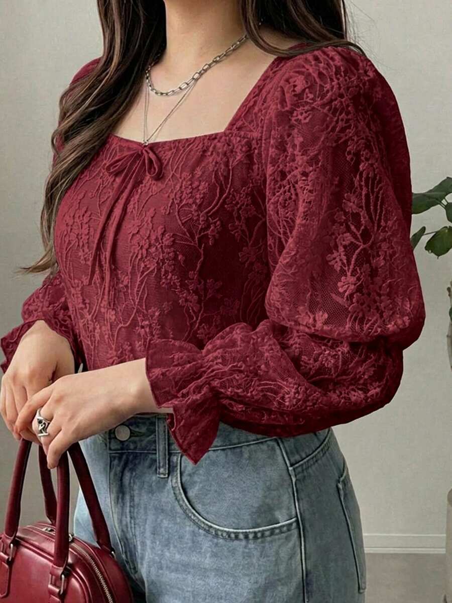 Dazy Plus Bowknot Decor Lace Puff Short Sleeve Elegant Versatile Spring Summer Apricot T-Shirt Fall - Burgundy - View 1