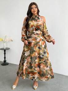 Firerie Plus Size Women's Tie-Dye Cold Shoulder Long Sleeve Elegant Dress Fall - Multicolor - View 3