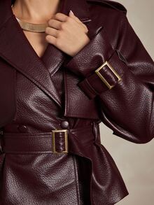 Silquee Women's Fashion PU Material Metal Buckle Long Sleeve Trench Coat - Burgundy - View 10