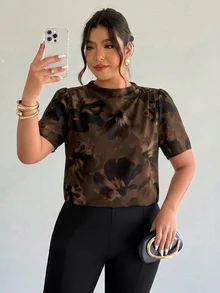 Firerie Casual Romantic Floral Pattern Fabric Plus Size Coffee Color Short Sleeve Shirt - Multicolor - View 4