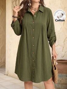 Rusticease Plus Size Women Solid Color Rolled Sleeve Single-Breasted Casual Shirt Dress Fall - Multicolor - View 5