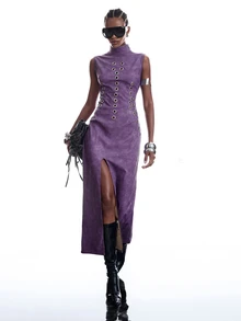 LYSMO Gaun Panjang Wanita Tanpa Lengan dengan Desain Eyelet dan Belahan di Bagian Bawah, Kerah Tegak - Purple - View 4