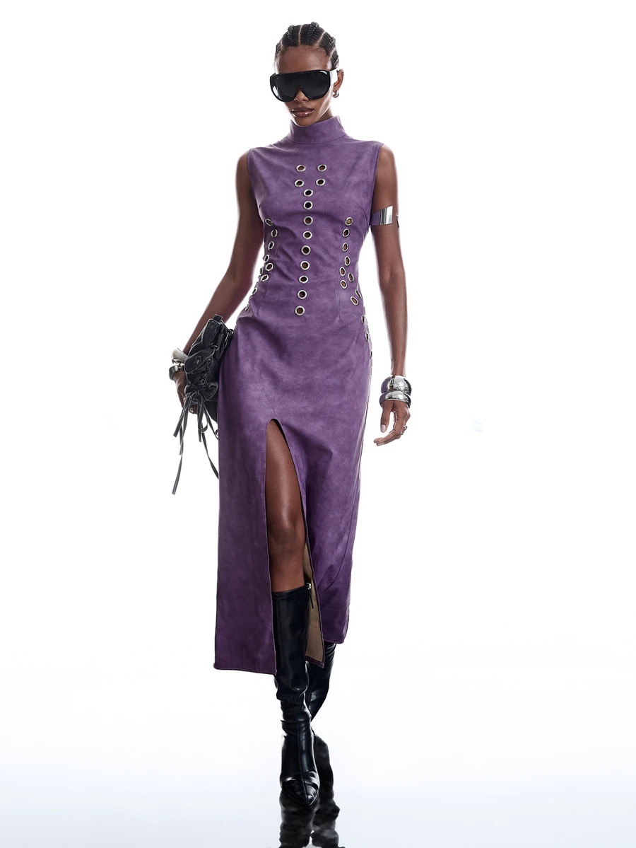 LYSMO Women's Eyelet Design Split Hem Stand Collar Sleeveless Fashion Long Dress - Purple - View 1