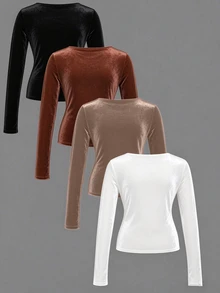 SHEIN LUNE CURVE 4pcs Set Crew Neck Long Sleeve T-Shirts, Casual & Fashionable Daily Wear Fall Cloth For Women - Multicolor - View 2