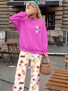 Tween Girl Round Neck Cartoon Graphic Sweatshirt & Straight Leg Pants 2 Pieces Set - Multicolor - View 2