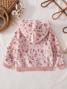 SHEIN 女嬰冬季連帽抓絨外套，拉鍊開合設計，寬鬆連帽版型，保暖百搭 Diptsy 花卉印花毛茸茸外衣 - 粉色 - 查看 2