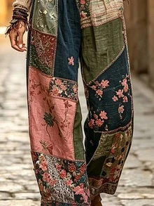 Linhara CURVE Plus Size Women's Middle-Aged Floral Print Casual Boho Bohemian 1960s Versatile Daily Travel Long Pants Autumn Vacation Blue Fall - Multicolor - View 4