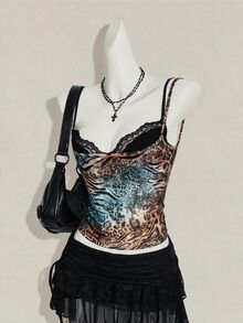 SHEIN ICON 女款豹紋透視細肩帶上衣搭配黑色蕾絲內衣 2件組 - 彩色 - 查看 7