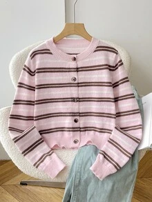 SHEIN 青少年女孩/小女孩秋冬休閒時尚復古學院風粉色與棕色條紋前開扣針織開襟外套，適合返校與日常穿著 - 粉色 - 查看 2