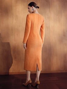 MOTF PREMIUM WOMEN'S V-NECK WAIST-CINCHING RIBBON DECOR MIDI DRESS, AUTUMN/WINTER - Orange - View 6