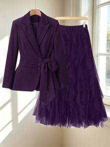 GlowEve CURVE Plus Size Elegant Button Long Sleeve Blazer And Ruffle Hem Soft Midi Skirt Suit Set - Purple - View 6