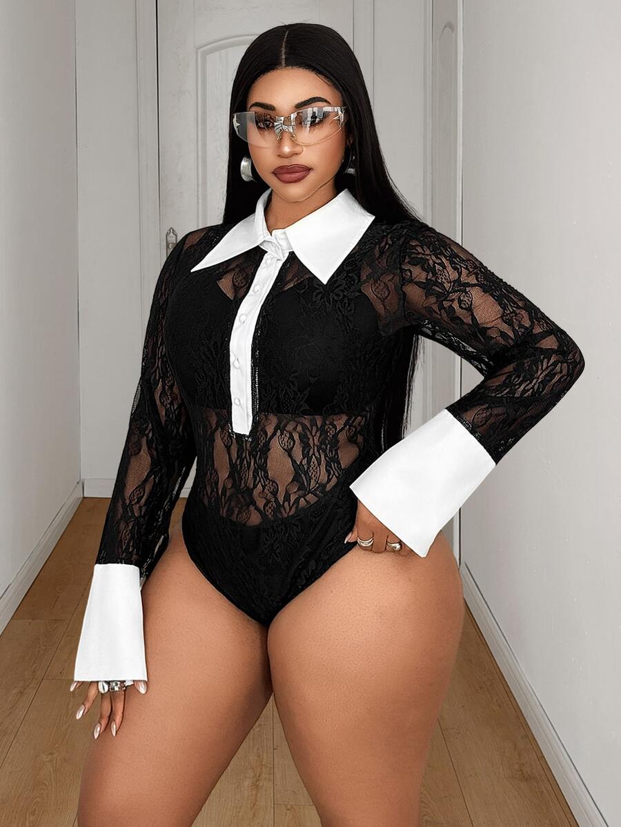 Maweii Women's Colorblock White Collar Bell Sleeve Long Sleeve Lace Bodysuit - Black - View 1