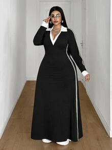 Maweii Plus Size Women's Casual High Elastic Knit Fabric A-Line Long Sleeve Dress, Side Color Block Ribbon Design, Fashionable And Versatile, Suitable For Daily Outings And Street Wear, Slimming Dress, Fashionable And Versatile, Suitable For Outings, Parties, Gatherings, Dates, Romantic Music Festivals And Other Occasions. - Black - View 1