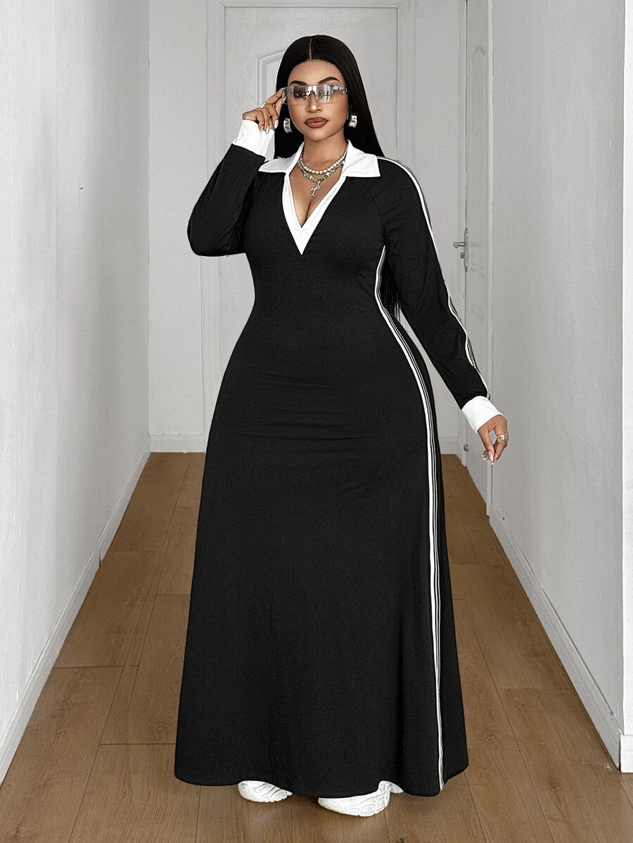 Maweii Plus Size Women's Casual High Elastic Knit Fabric A-Line Long Sleeve Dress, Side Color Block Ribbon Design, Fashionable And Versatile, Suitable For Daily Outings And Street Wear, Slimming Dress, Fashionable And Versatile, Suitable For Outings, Parties, Gatherings, Dates, Romantic Music Festivals And Other Occasions. - Black - View 1