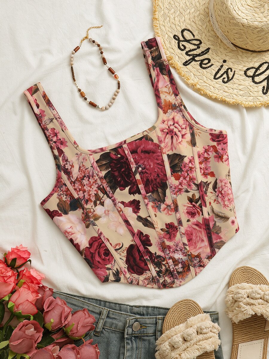 SHEIN VCAY Plus Size Women's Floral Print Square Neck Shaping Tank Top - Multicolor - View 1