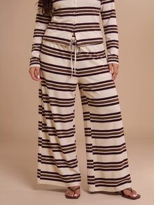 SHEIN BAE CURVE 大尺碼女款酒紅條紋復古 70 年代寬腿褲，抽繩腰休閒直筒長褲，適合夏季，居家淺藍色長褲 - 杏色 - 查看 2