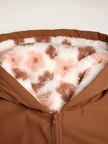 SHEIN Tween女孩兒童冬季棕色花卉保暖內裡拉鍊連帽外套，彈性腰頭，加厚休閒通勤秋冬外套 - 棕色 - 查看 7