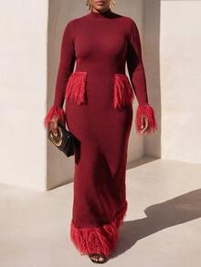 Zivah Plus Size Women's Ribbed Knit Sweater Dress With Tassel Decor - Burgundy - View 3