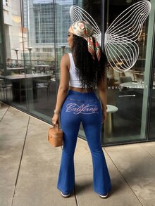 Slaydiva Celana Jeans Flare Kasual Pinggang Asimetris untuk Wanita Ukuran Plus - Dark Wash - View 4
