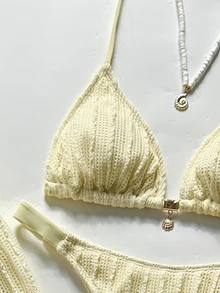 SHEIN Swim 26SS 春夏度假海灘波希米亞風編織棕紅色比基尼泳衣附褲子 3 件套 - 綠色 - 查看 4