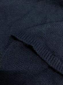 Elafinee Plain Round Neck Long Sleeve Button Embellished Simple Casual Top, Knit Pullover Fall Winter - Navy Blue - View 4