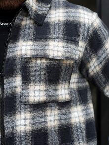 Manfinity Homme 男士格紋混紡羊毛商務休閒經典百搭秋冬夾克，翻領、拉鍊、多口袋，工裝風 - 彩色 - 查看 3