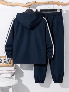 兒童青少年男孩半拉鍊連帽外套與慢跑長褲 2 件套，休閒運動風，適合秋冬 - 彩色 - 查看 2