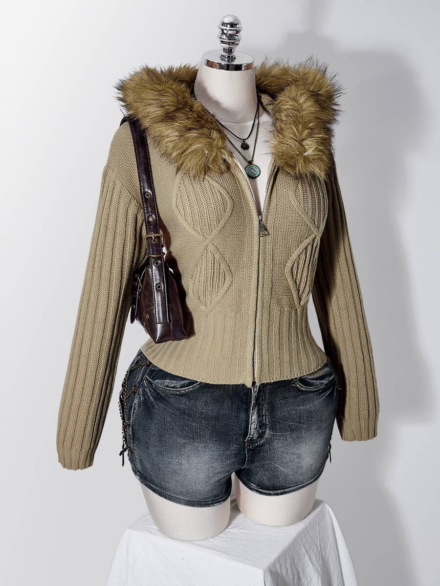 SHEIN ICON Women's Plus Size Zipper Faux Fur Hooded Knit Sweater - Khaki - View 1