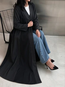 Yasmyna Contrast Color Fine Vertical Stripe Patchwork V-Neck Front Button Long Sleeve Long Arabic Robe Outerwear - Black - View 4