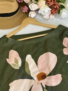 Linhara Plus Size Casual Fashion Versatile Loose Lazy Plus Size Scoop Neck Asymmetrical Shoulder Floral Print Long Sleeve Knit Sweater Pullover - Green - View 7