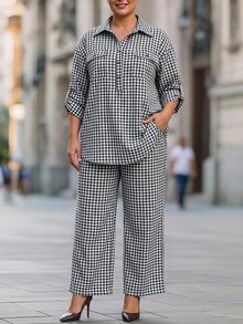 Chikora 大尺碼女款格紋上衣與長褲休閒日常兩件套秋季 - 黑與白 - 查看 5
