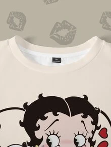 Betty Boop x SHEIN Plus Size Women's Crew Neck Letter & Cartoon Print Long Sleeve Sweatshirt - White - View 3