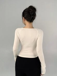 DAZY Dam T-shirt i enfärgat med dragkedja, casual för vardag, resor och sport - Beige - Visa 6