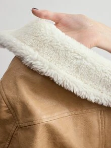 Willow Rêve Women's Khaki Lambswool Collar PU Short Jacket - Khaki - View 7
