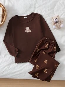 SHEIN 女童杏色羅紋熊圖案長袖上衣與休閒熊圖案長褲居家套裝 節慶穿搭 秋冬款 - 彩色 - 查看 1